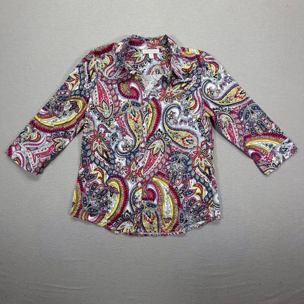 Dana Buchman Womens Button Down Regular Multi Paisley 3/4 Sleeve Top Size M